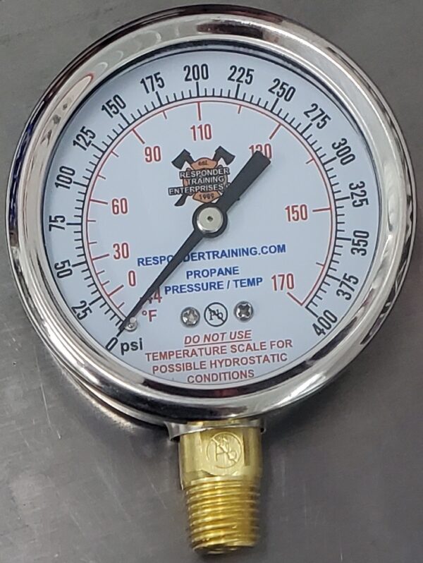 400 psi PROPANE bottom mount pressure gauge with 1/4″ male NPT threads.